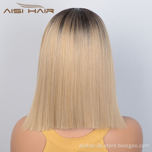 Aisi Hair Wholesale Short Ombre Blonde Dark Root Bob Wig Swiss Lace Wig Cheap Synthetic Lace Front Wigs For Black White Women